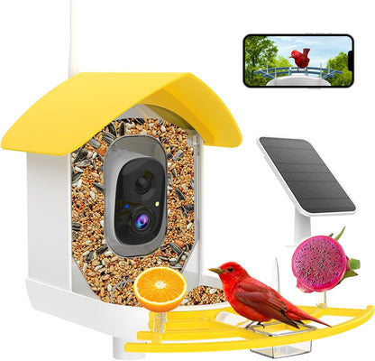 Smart Bird Feeder with Camera, Birds AI Identify, Motion Detection with Real-Time Notice, WiFi FHD Bird Camera, Auto Capture, Solar Powered Outdoor Charging Bird House, IP65 Waterproof,Yellow