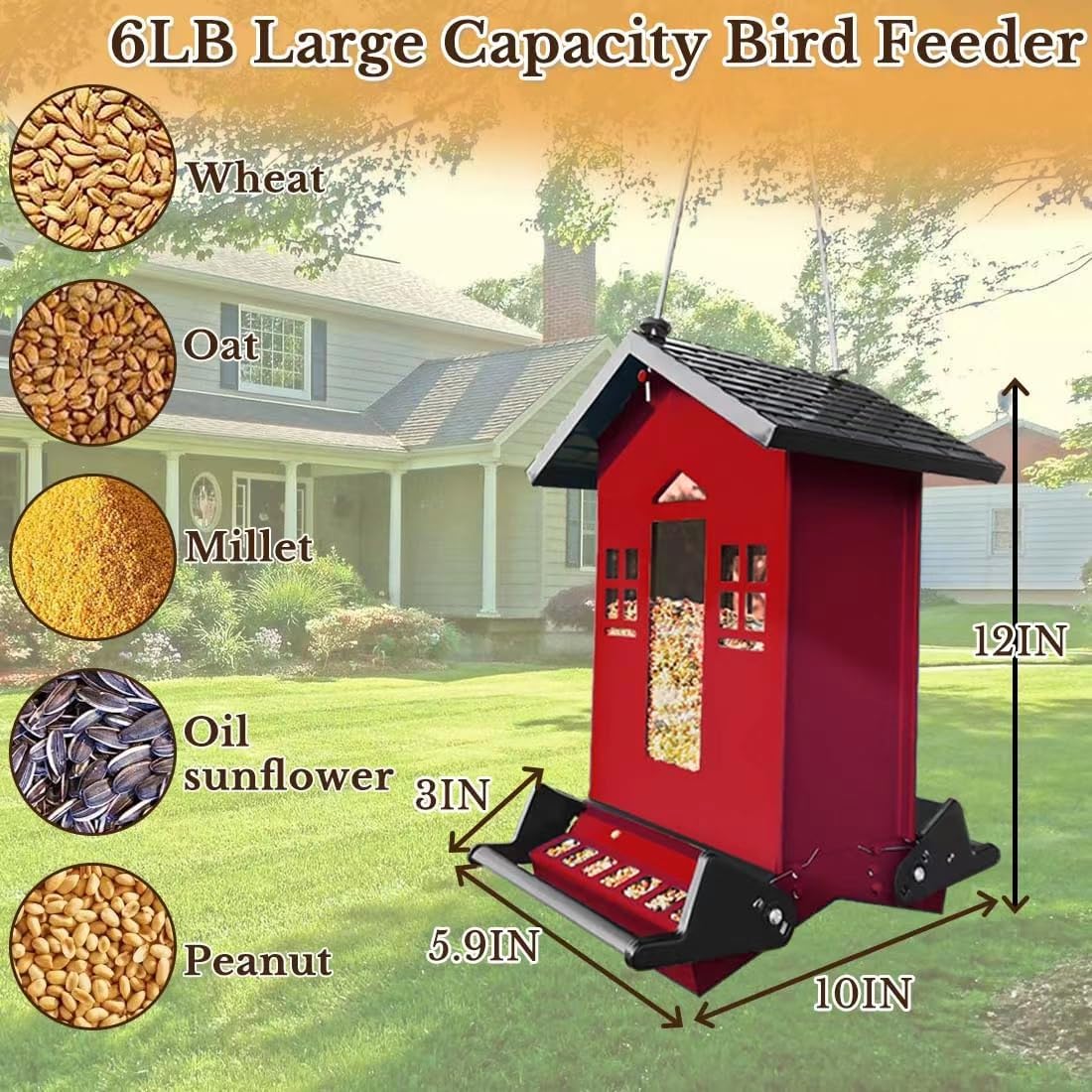 Squirrel Proof Bird Feeder, Red Metal Bird Seed Feeder for Outdoors Hanging Chew-Proof, 6lbs Large Seed Capacity for Cardinal, Finch, Sparrow, Blue Jay, Swallow