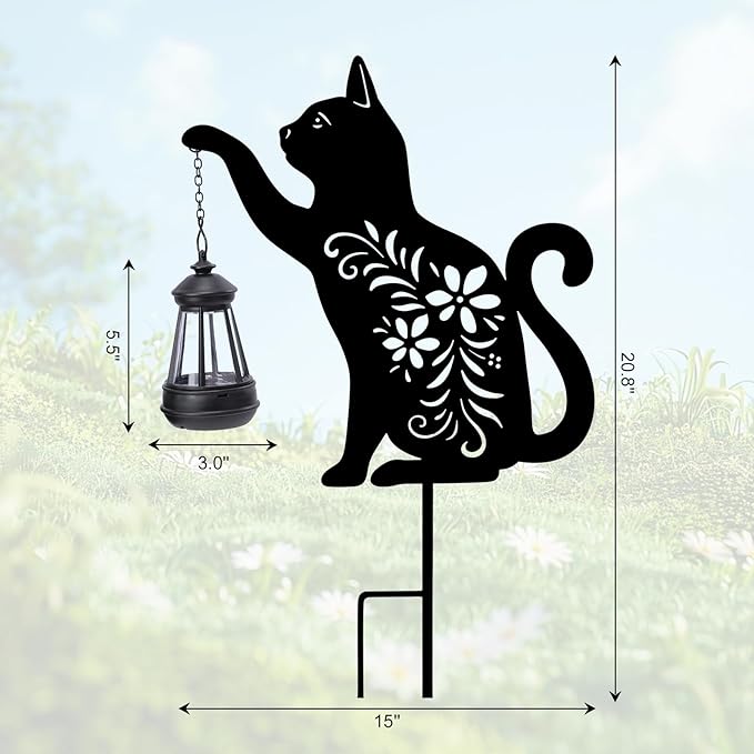 Afirst Solar Outdoor Garden Stake Solar Cat Decorative Stake Light with Lantern Decorative Lights Metal Outdoor Ornament for Yard Pathway Lawn Patio Decoration