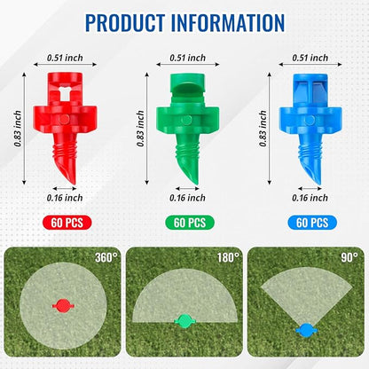 180Pcs Drip Irrigation Emitters, 3 Color Heads Irrigation Misting Sprinkler, Refraction Micro Sprayer Applicable for Lawn Watering System(90/180/360 Degrees)