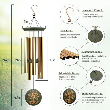 Memorial Wind Chimes for Outdoor & Gifts – Engraved Tree of Life, 36” Durable Metal Chimes with Soothing Melodies, Waterproof & Customizable Tones
