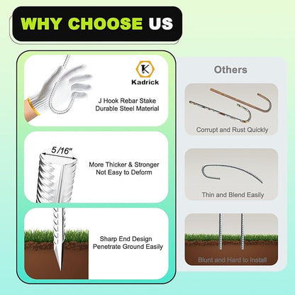 Kadrick Rebar Stakes 12 inch，J Hook Ground Stakes Anchors, 32-Pack White Galvanized Fence Stakes,Heavy Duty 5/16'' Diameter