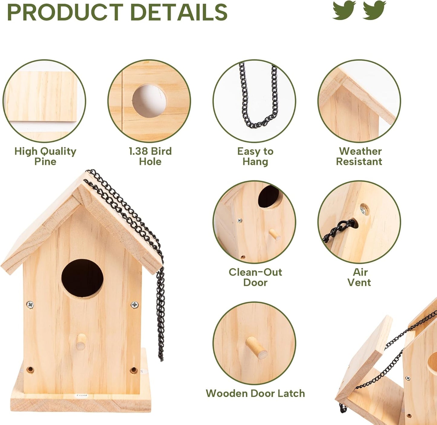 HPC Decor 2 Pack Bird Houses for Outside w/Chain,Natural Wooden Birdhouses Kit for Outdoors w/Predator Guard,Hanging DIY Bird House Kit & Woodworking Adult Crafts,Hummingbird,Birdhouse Kits for Kids