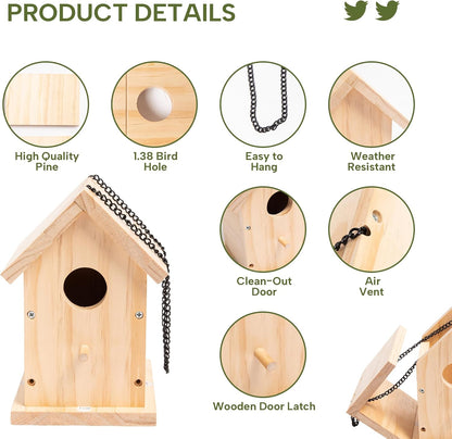 HPC Decor 2 Pack Bird Houses for Outside w/Chain,Natural Wooden Birdhouses Kit for Outdoors w/Predator Guard,Hanging DIY Bird House Kit & Woodworking Adult Crafts,Hummingbird,Birdhouse Kits for Kids
