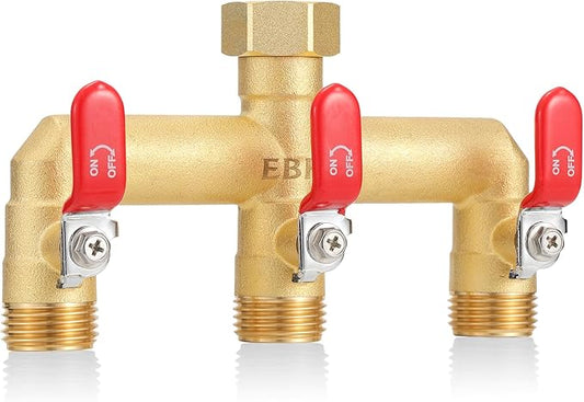 EBH Garden Hose Splitter, 3-Way High Flow Heavy Duty Brass Outdoor Hose Manifold with Long Handles Full Flow Faucet Adapter- 3/4” GHT(RED)