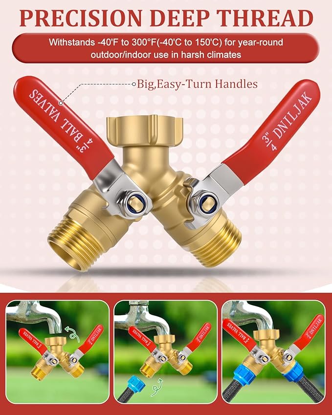 Garden Hose Splitter Way Heavy Duty, Brass Water Hose Splitter With 304 Stainless Steel Long Handle, 3/4 Inch GHT Thread Hose Y Splitter With Shutoff Hose Splitter Adapter (Include Teflon Tape)