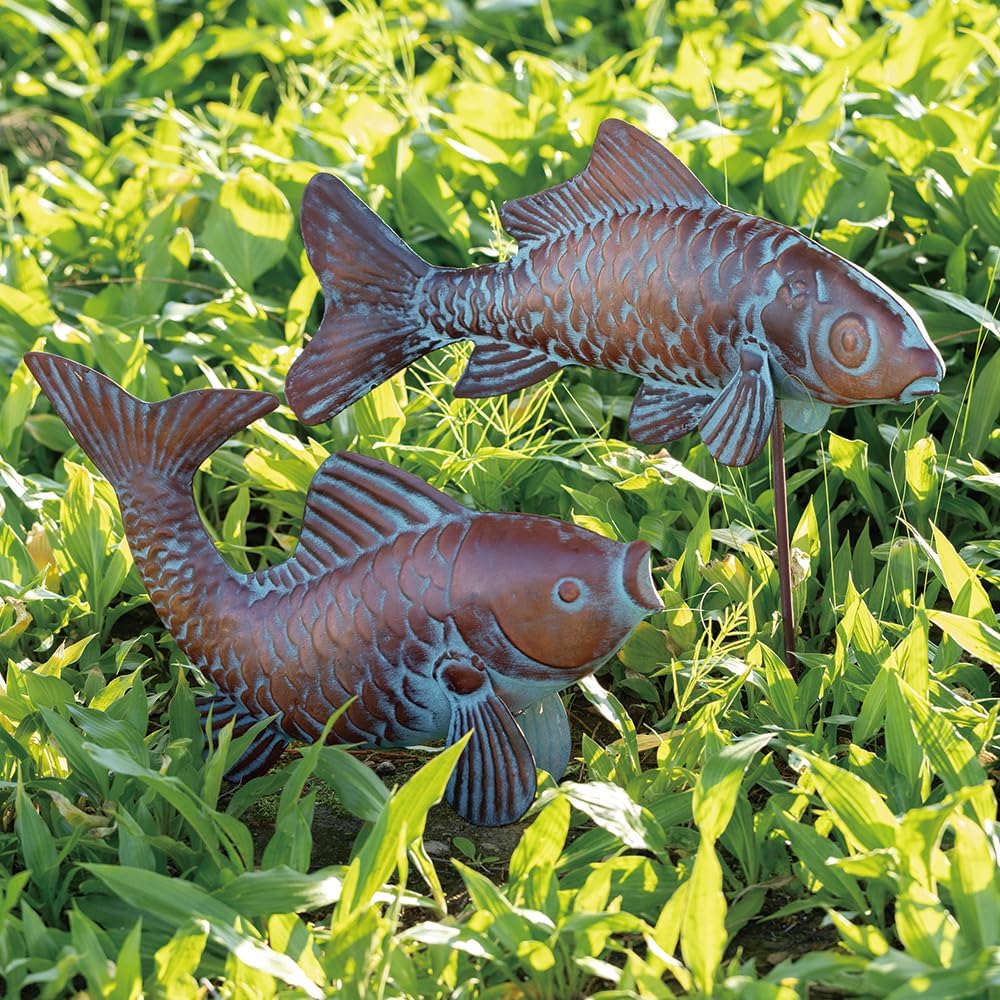 Set of 2 Koi Fish Decor Outdoor Statue Sculpture Garden Pond Fishes Yard Art Antique Copper Koi Sculptures & Statues Large Metal Koi Fish Figurine Ornaments Décor Gifts for Women Mom Grandma