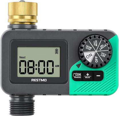 RESTMO Sprinkler Timer with Brass Inlet, Water Timer for Garden Hose, Rain Delay/Manual/Automatic for Outdoor Faucet, Drip Irrigation and Lawn Watering System