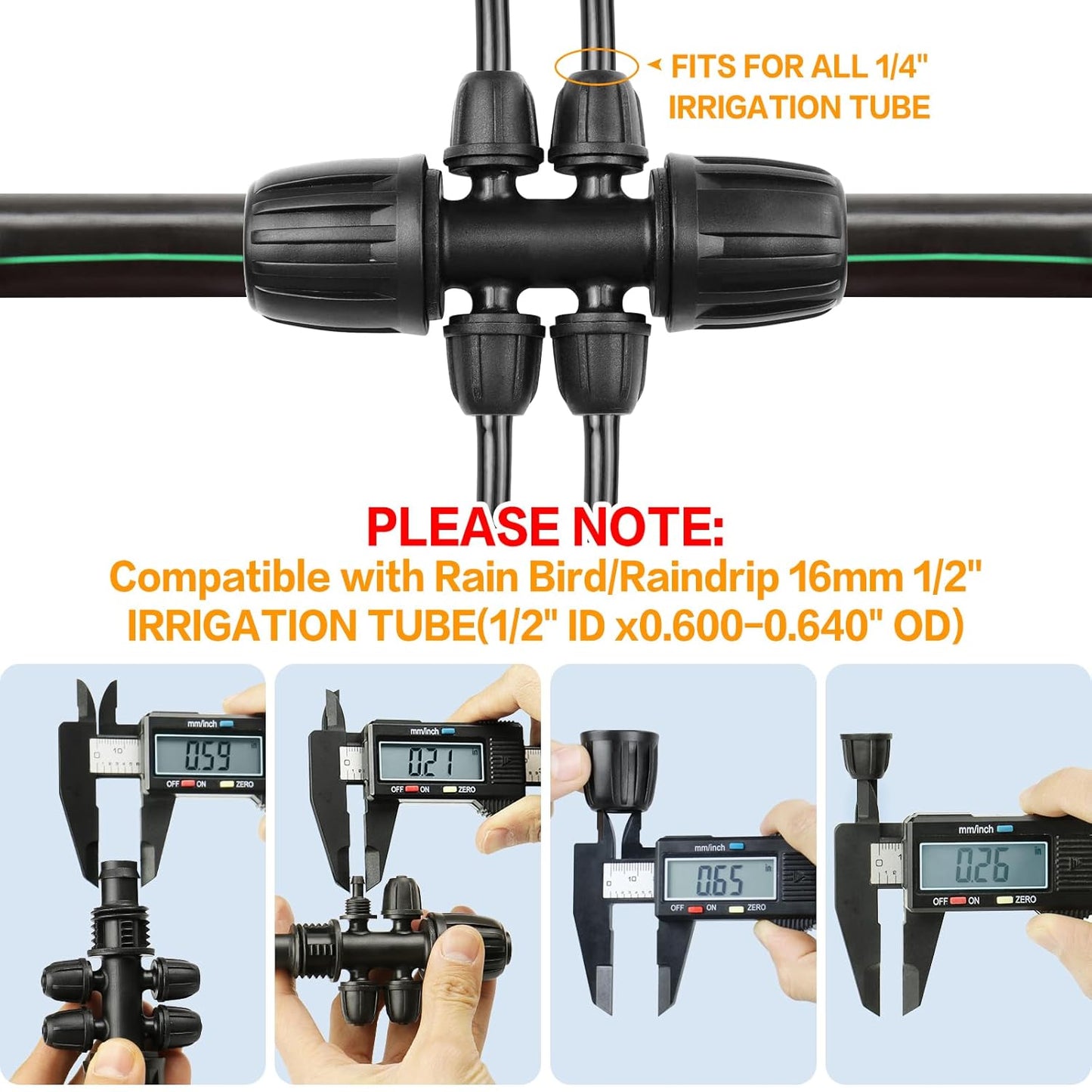 Drip Irrigation Fittings for 1/2 Inch to 1/4 Inch Tubing Reducing Tee：1/2" (1/2" ID x 0.65" OD) to 1/4" Drip Line Anti-drop Locked Nut Barbed Reducer 6 Way Tee Connectors (12 Pack)