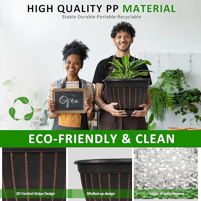 FGstyle 4 Pack 16 inch Plant Pots, Retro Vertical Stripe Planters with Drainage Holes and Saucer, Sturdy Plastic Garden Flower Pots for Indoor & Outdoor Plants(Black)