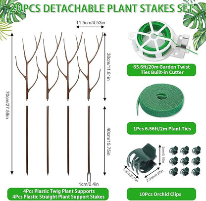 4 Pack 27.56" Detachable Twig Plant Support Stakes Set, Blends in to Plant, Branch Plant Sticks with Orchid Clips Twist Plant Ties, Twig Trellis for Indoor Outdoor Plants Potted Plants Flower