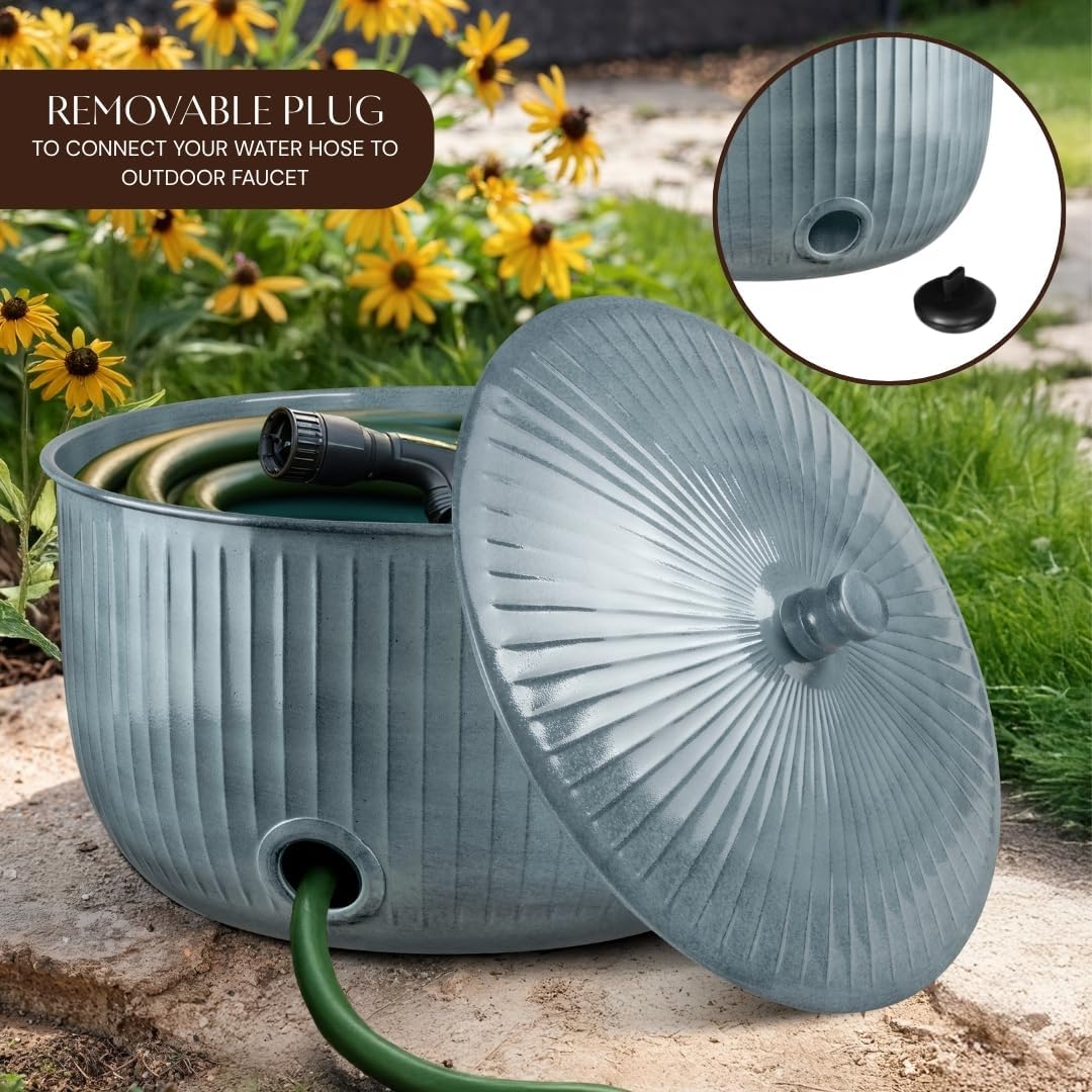 Monarch Abode Decorative Garden Hose Holder with Lid, Patina Storage for Outdoor Use, 100 ft Water Hose Pot for Outside, Ridge Embossed Metal Pot with Drainage, Garden Storage Organizer