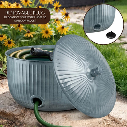 Monarch Abode Decorative Garden Hose Holder with Lid, Patina Storage for Outdoor Use, 100 ft Water Hose Pot for Outside, Ridge Embossed Metal Pot with Drainage, Garden Storage Organizer