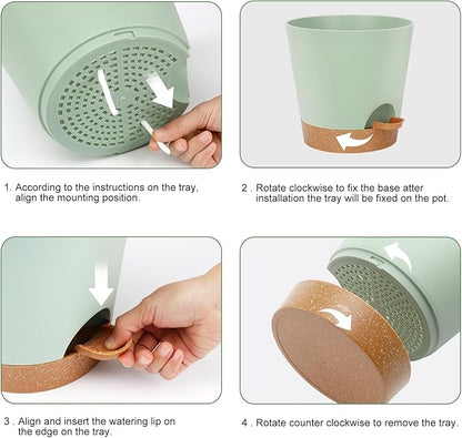 8-Inch Plant Pots, Self-Watering Planters with Drainage Holes & Saucers for Indoor and Outdoor Plants (2-Pack, Green)