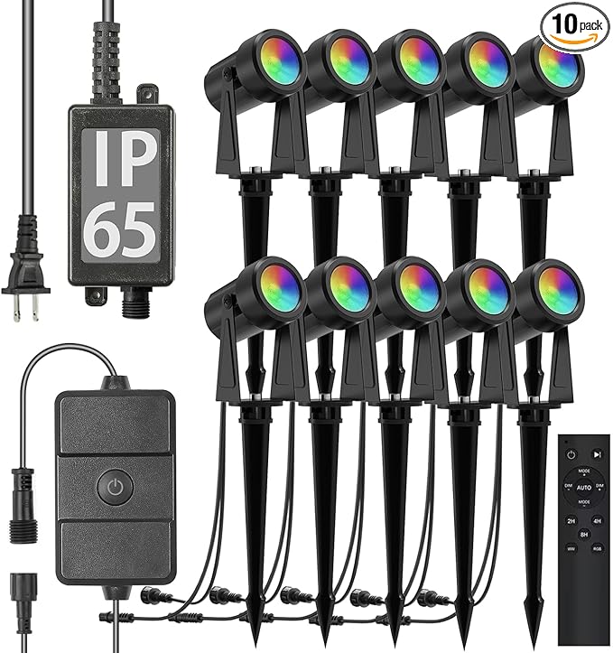 SUNTHIN Outdoor Landscape Lighting with Remote, RGBW Color Changing Spot Uplights,10 Pack