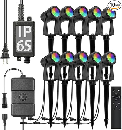 SUNTHIN Outdoor Landscape Lighting with Remote, RGBW Color Changing Spot Uplights,10 Pack