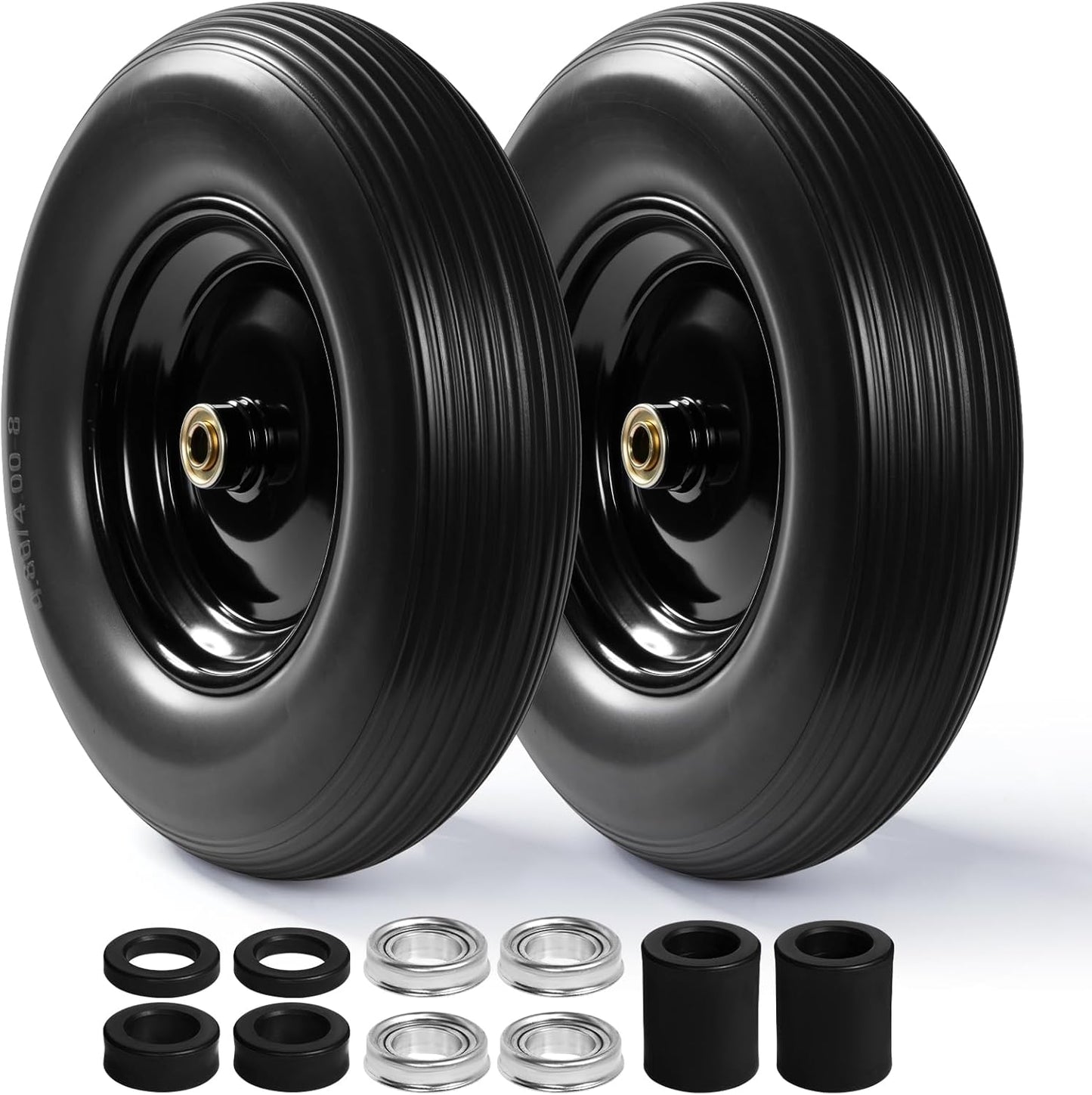 Backyard Expressions 16-Inch Flat-Free PU Tire 2-Pack – Heavy-Duty Solid Poly Wheels with 5/8" & 3/4" Bearings, Spacer Kit & Steel Hubs for Wheelbarrows, Garden Carts, Hand Trucks & Utility Equipment