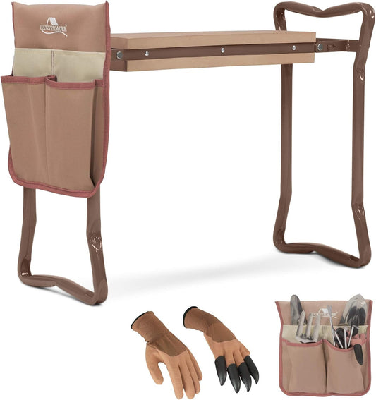 Garden Kneeler and Seat, Garden Folding Bench with Tool Pocket, Garden Gloves and Soft EVA Kneeling Pad