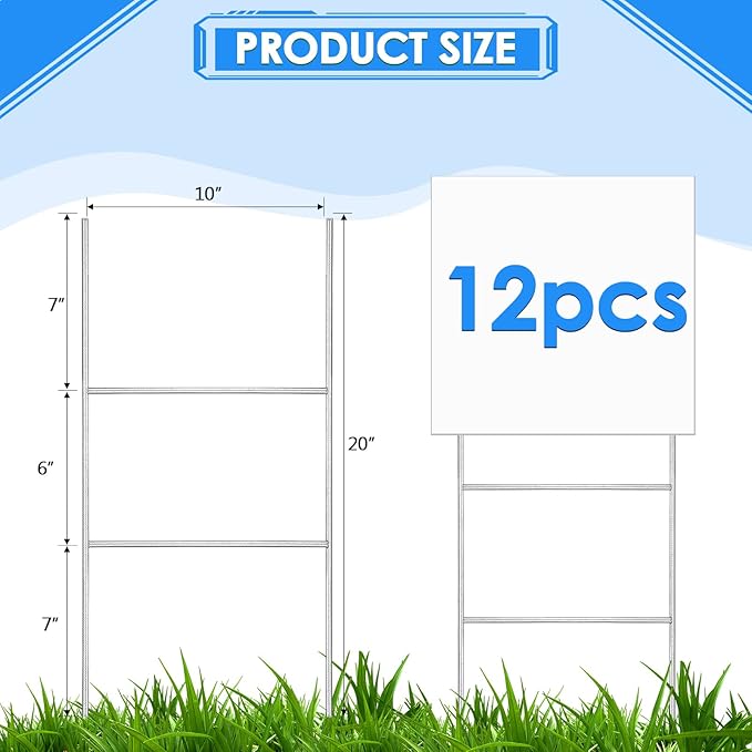 Therwen 12 Pcs Yard Sign Stakes 20'' x 10'' Metal H Heavy Duty Frame Wire Stakes Galvanized Lawn Sign for 4mm 5mm Corrugated Advertising Board Yard Garage Holder Halloween Decor