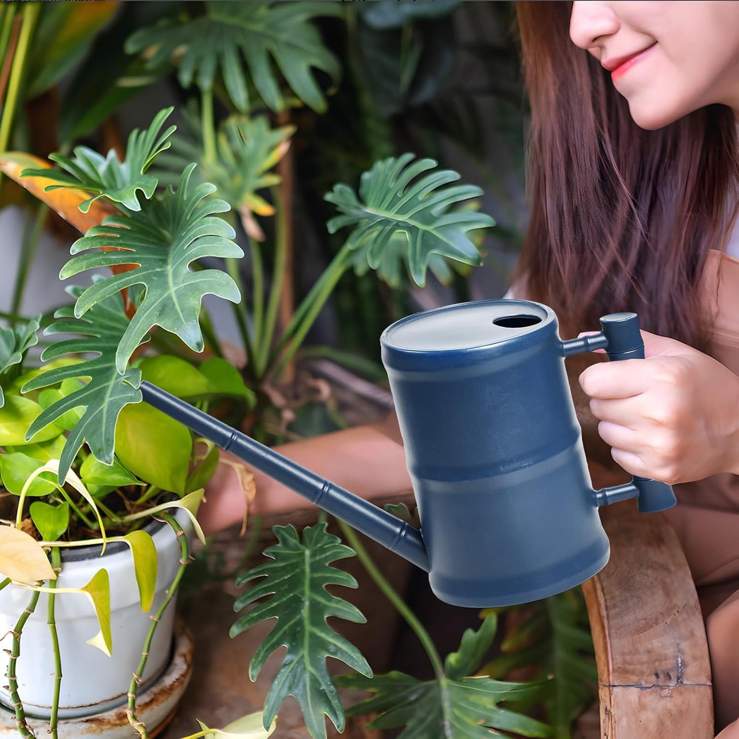 ZXJ Watering Can for Outdoor Indoor Plants - Small Plastic Home Garden - with Long Spout - Blue - 64 Oz - 1/2 Gallon