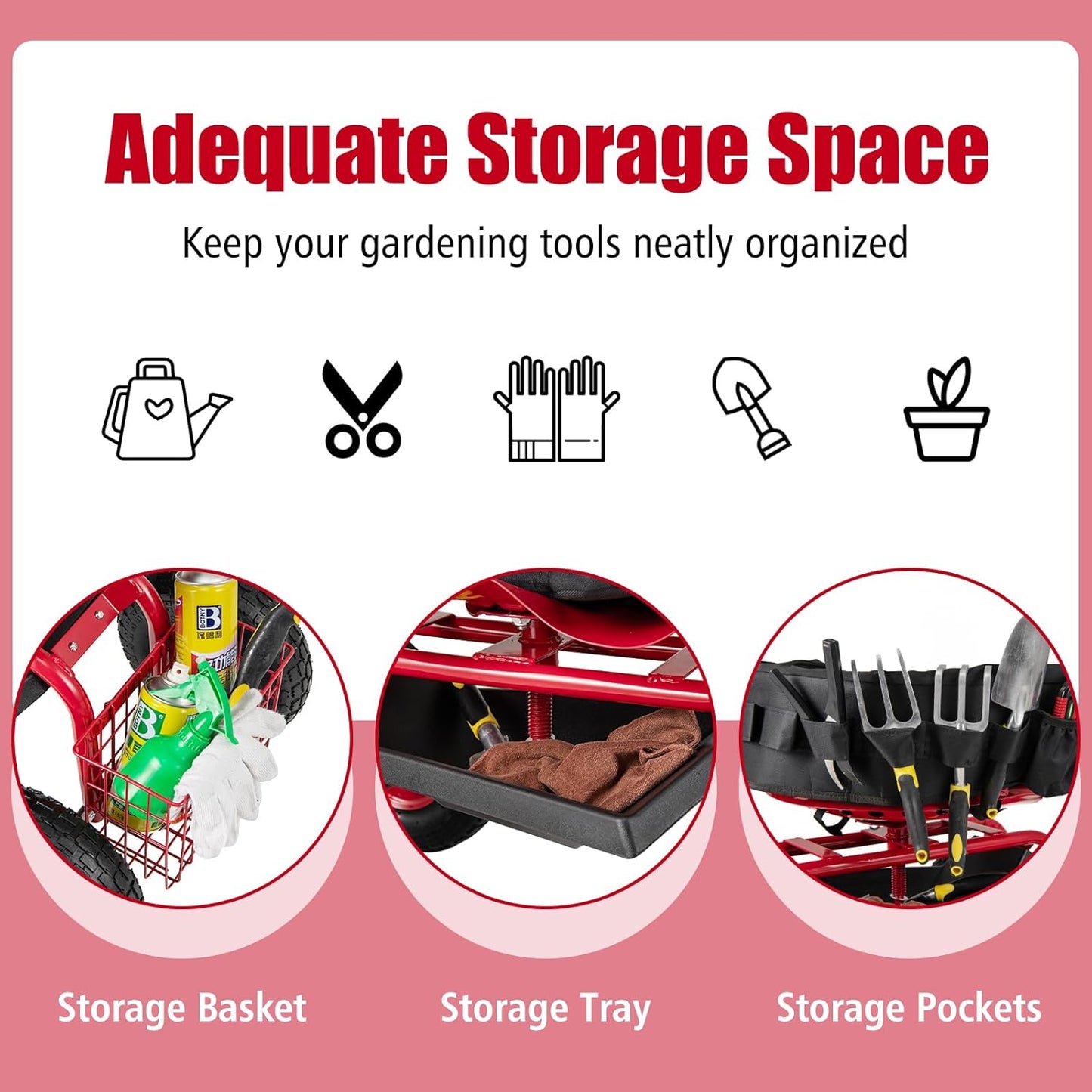 Goplus Rolling Garden Seat with Wheels, Outdoor Garden Cart with 360° Swivel Seat & Tool Storage, 2 Steering Handles, Gardening Stool Wagon Scooter, Lawn, Patio Gardening Workseat for Seniors