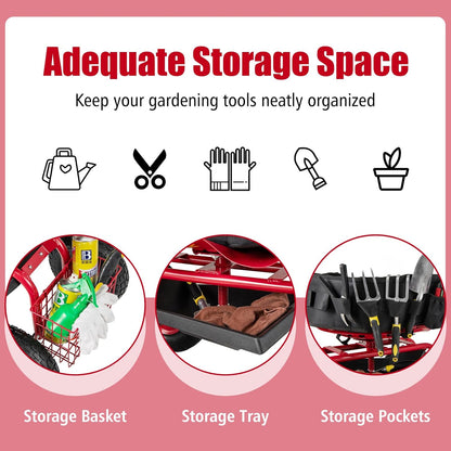 Goplus Rolling Garden Seat with Wheels, Outdoor Garden Cart with 360° Swivel Seat & Tool Storage, 2 Steering Handles, Gardening Stool Wagon Scooter, Lawn, Patio Gardening Workseat for Seniors