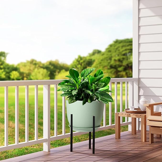 12inch Large Plant Pot, Modern Plastic Planter with High Driange Holes and Saucer for Indoor Outdoor Garden Plants and Flowers, Green