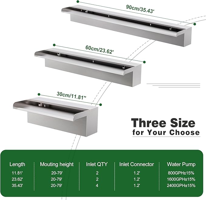 Waterfall Pool Fountain LONGRUNNEW 304 Stainless Steel 23.6" Rectangular Waterfall Spillway, Water Fall Fountain with Pipe Connector for Garden Outdoor, Swimming Pools, Fountains, Pond and Spa