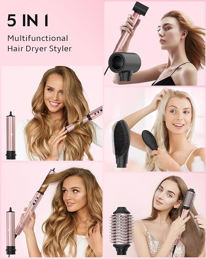 Brightup Air Wrap Hair Styler, 5 in 1 High Speed Hair Dryer Brush, Professional Automatic Hair Curler with Cool Shot Button, 800 Million Ionic, No Heat Damage, with Travel Bag