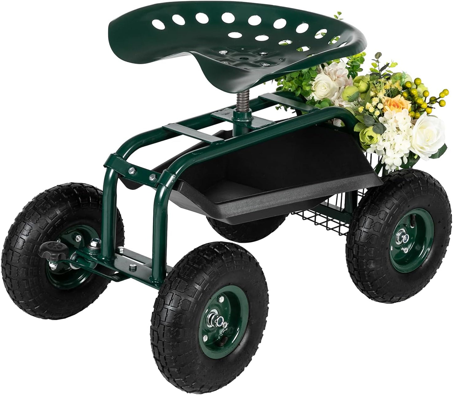 Outvita Garden Cart Gardening Workseat w/Wheels, Rolling Work Seat with Adjustable 360 Degree Swivel Seat, Basket and Tool Tray, Patio Wagon Scooter for Lawn Yard Outdoor Planting（Green）