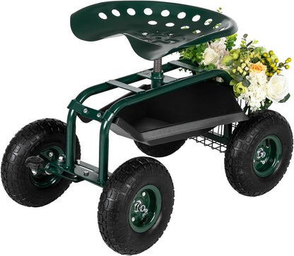 Outvita Garden Cart Gardening Workseat w/Wheels, Rolling Work Seat with Adjustable 360 Degree Swivel Seat, Basket and Tool Tray, Patio Wagon Scooter for Lawn Yard Outdoor Planting（Green）