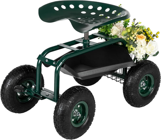 Outvita Garden Cart Gardening Workseat w/Wheels, Rolling Work Seat with Adjustable 360 Degree Swivel Seat, Basket and Tool Tray, Patio Wagon Scooter for Lawn Yard Outdoor Planting（Green）