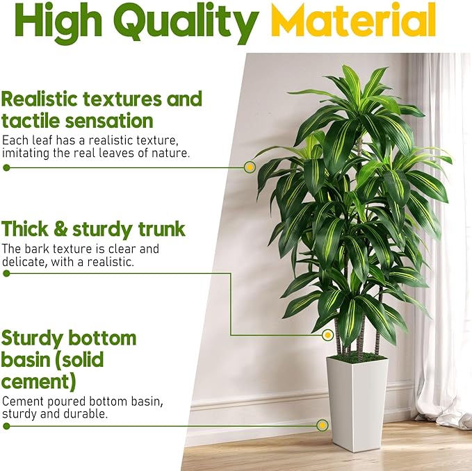 Artificial Dracaena Tree Indoor, 6FT Tall Fake Tree with White Tall Planter, Artificial Trees Fake Yucca Potted Tree for Home Office Living Room Decor，Tall Artificial Plant for Housewarming