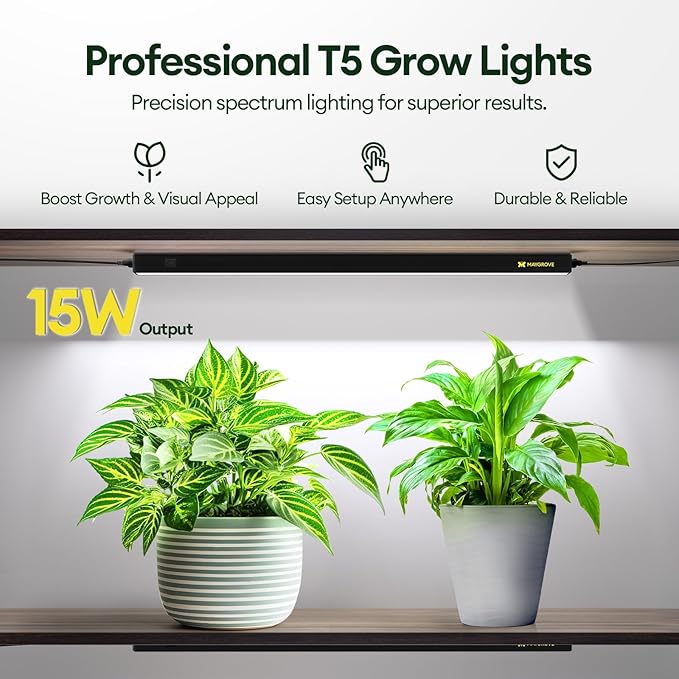 Plant Grow Lights 2FT, Sun-Like Full Spectrum 5000K, 60W(4 x 15W), T5 LED Grow Light Strips for Indoor Plants and Flowers, High PPFD, Linkable, Black, 4-Pack
