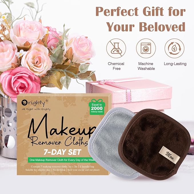 Orighty Makeup Remover Cloths 7-Day Set, Premium & Reusable Makeup Remover Pads, Erase Make-up With Just Water, Make-up Set For Eyes, Lips, Foundation and more, Ideal Choice For Women (Neutrals)