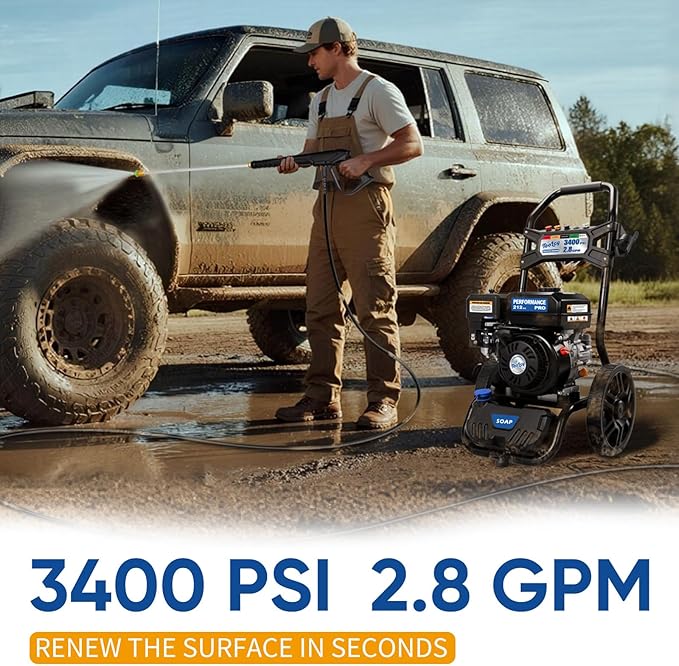 TOOLCY Gas Pressure Washer 3400 PSI & 2.8 GPM Max, High-Powered 212cc Engine, Enhanced Pump, 30FT Pressure Hose, Onboard Soap Tank, Spray Gun & 5 Nozzle Tips, Great for Cars/Driveways/Homes/Patios
