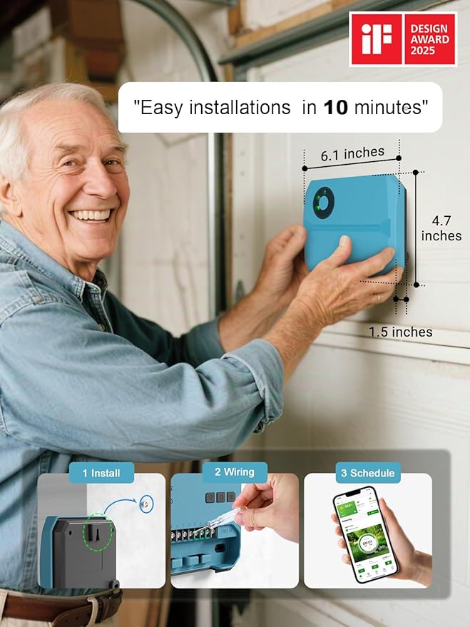 Smart Sprinklers Controller WiFi, Irrigation Controller Easy Use App Enabled, 4 Zone + 16 Plans, Save Water Auto Skip Rain, Freeze & Wind, 10 Minutes Install (Light Blue)