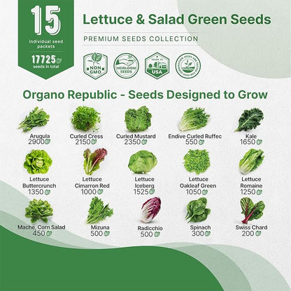 Organo Republic 15 Lettuce & Salad Greens Seeds Variety Pack 17700+ Non-GMO Heirloom Lettuce Seeds for Indoors & Outdoors Garden, Hydroponics, Aerogarden - Arugula, Kale, Spinach, Swiss Chard, Lettuce