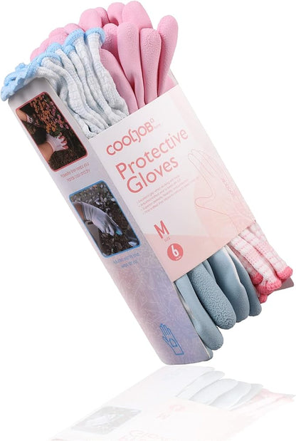 COOLJOB 6 Pairs Gardening Gloves for Women Ladies, Breathable Rubber Coated for Yard Garden, Outdoor Indoor Protective Work with Grip, Medium Size, Blue & Pink