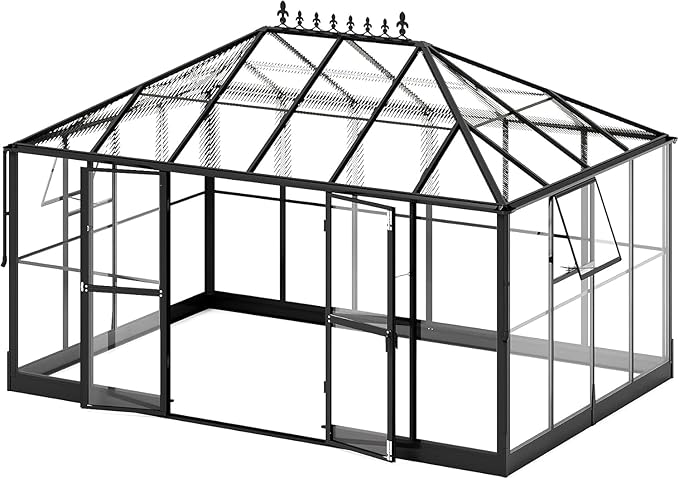 Jocisland 14x9.5x9 FT Outdoor Aluminum Greenhouse with Quick Connect Fittings, 6 FT Height Double Doors with Hook, Hybrid Polycarbonate Walk-in Greenhouse for Backyard, Black