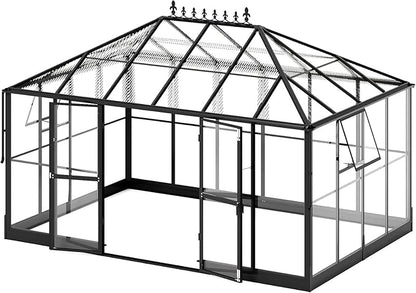 Jocisland 14x9.5x9 FT Outdoor Aluminum Greenhouse with Quick Connect Fittings, 6 FT Height Double Doors with Hook, Hybrid Polycarbonate Walk-in Greenhouse for Backyard, Black