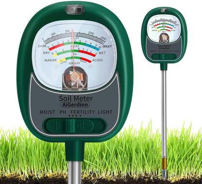 Soil Tester, Soil Moisture Meter/Soil pH Meter/Sun-Light/Fertility for Gardening, Large Dial Soil pH Tester Plant Water Meter for Indoor&Outdoor Garden,Farm Soil Test Kit-Green
