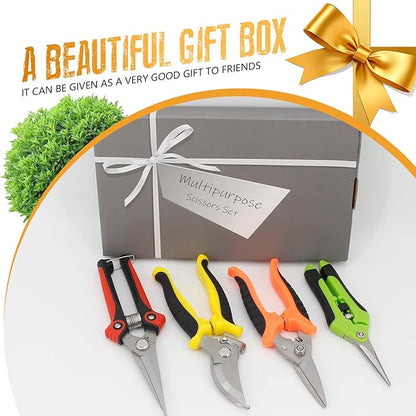 4 Pack Garden Pruning Shears Stainless Steel Clipper Kits, Handheld Garden Trimming Scissors with Sharp Blade Snips Scissors- Gardening Tools for Flowers Plant Branches (Curved & Straight Blade)