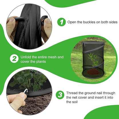 Pop up Plant Cover Net, 4 Pack Black Round Foldable Net Cover to Prevent Animal Damage, Garden Plant Protection Cover with Stakes for Outdoor Plants