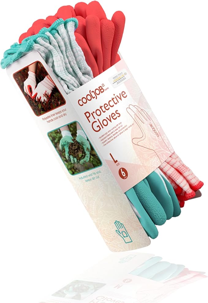 COOLJOB 6 Pairs Gardening Gloves for Women Ladies, Breathable Rubber Coated for Yard Garden, Outdoor Indoor Protective Work with Grip, Large Size, Red & Green