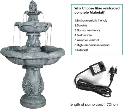 SunJet 48" High 3-Tiers Modern Concrete Outdoor Water Fountain - Round Large Outdoor Fountains and Waterfalls for Garden, Patio, Yard, and Deck Decor, Featuring Natural Stone Look (Grey, 48 inch)