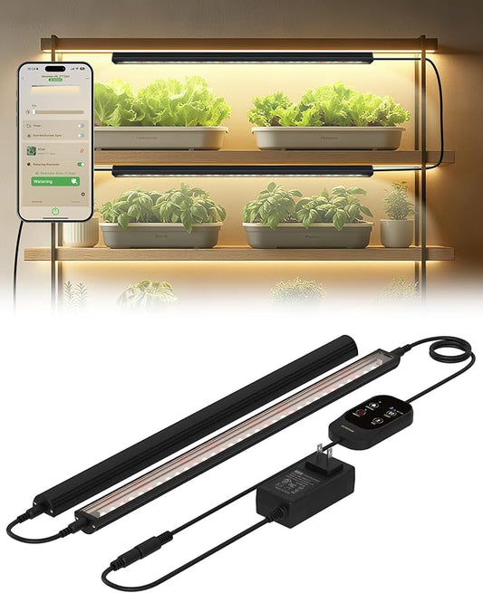 Smart Grow Light for Indoor Plants,3500K Full Spectrum LED Plant Light Strips with 3/9/12H Auto Timer,Stepless Dimming,Modular Design，Plug and Play (Black, 2 Pack 16W)