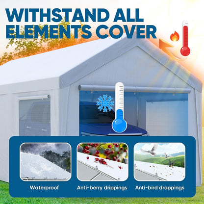 Quictent 10x20 ft Heavy Duty Carport Canopy Galvanized Car Tent Outdoor Garage Boat Shelter with Reinforced Structure with Roll-up Ventilated Windows Sidewall - White