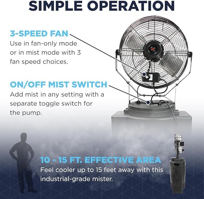 Maxx Air Heavy Duty Industrial 40 Gallon Portable Outdoor Misting Fan - Powerful Misting Outdoor Fan - 180 PSI Swamp Cooler for Cooling Large Areas