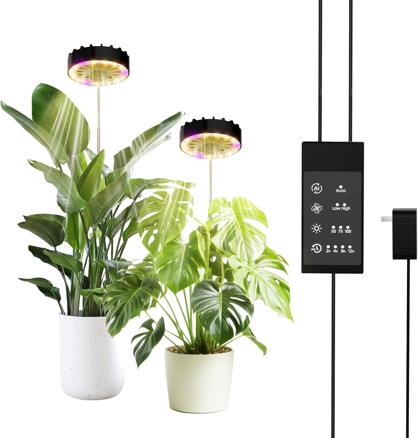 Halo Grow Lights for Indoor Plant, 40'' Height Adjustable Plant Grow Lights with Fan, Full Spectrum Led Plant Lights for Indoor Growing with Timer and 3 Levels Dimmable for Small/Medium Plants,2 Packs
